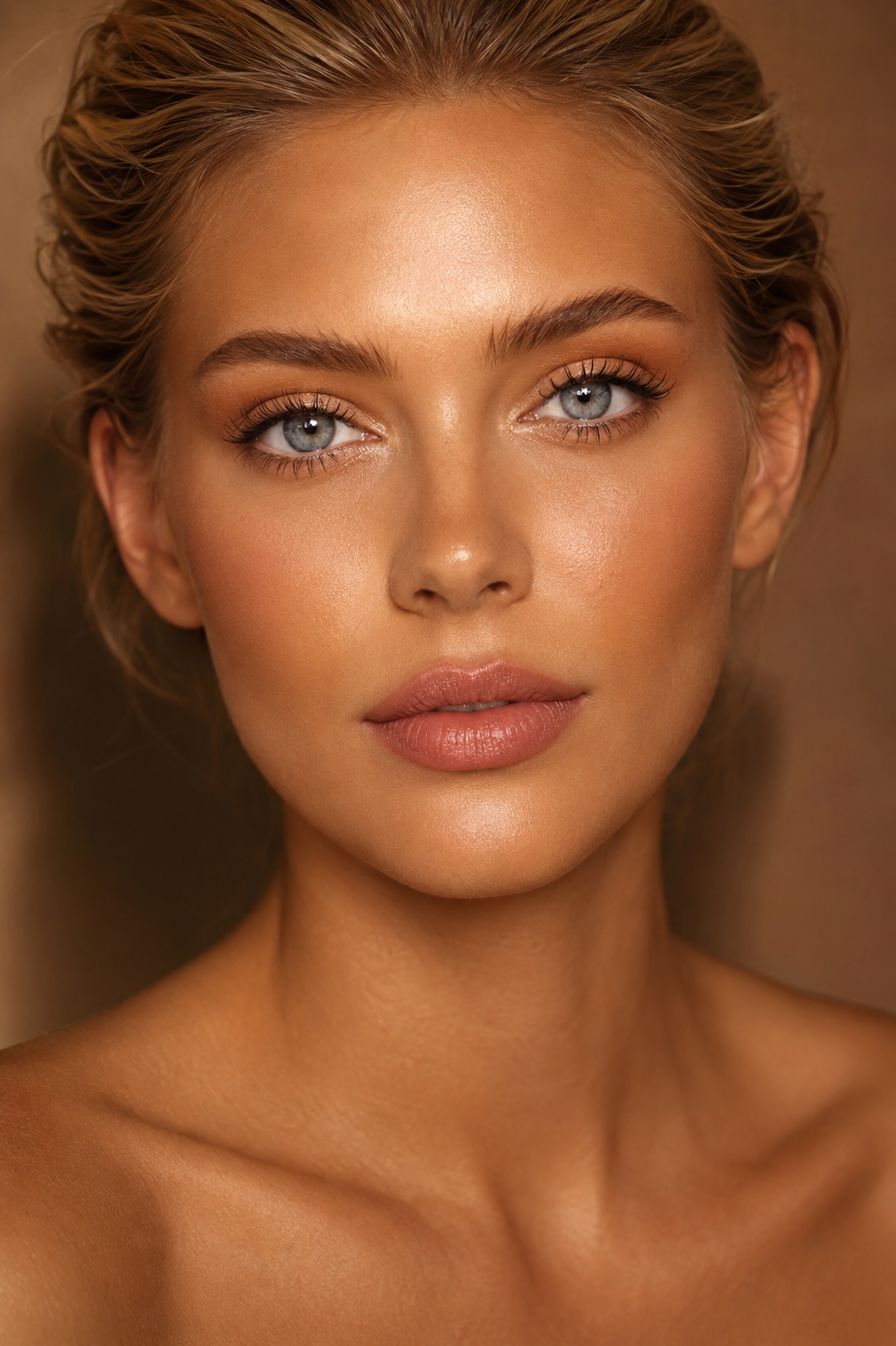 Luxury studio portrait emphasizing naturally enhanced rosy nude lips