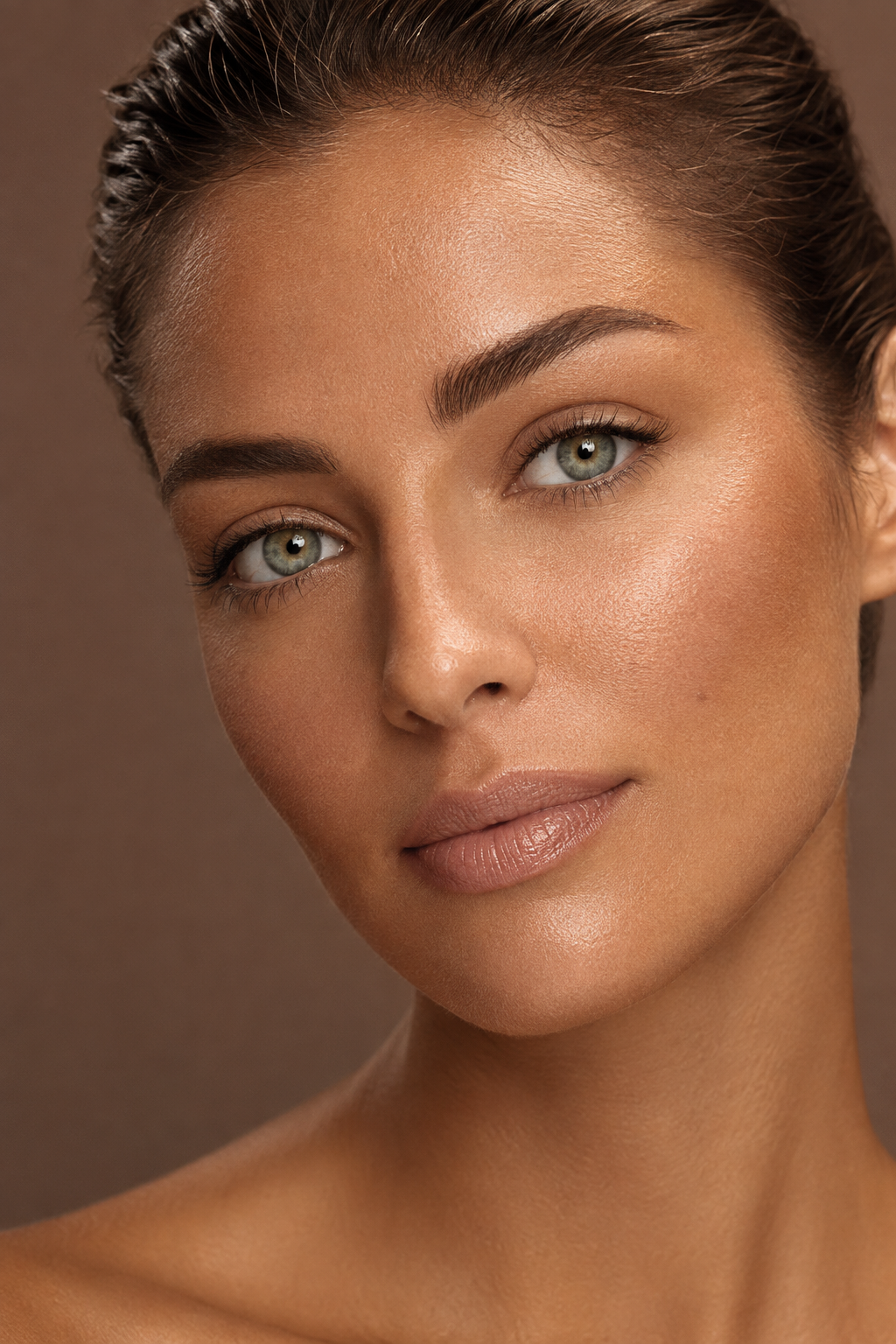 Luxury beauty portrait emphasizing light eyes and a subtle upper lash-line enhancement