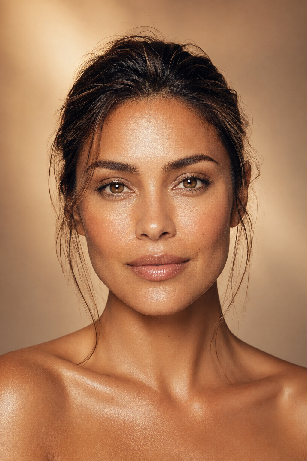 Luxury skin-care portrait with luminous, healthy-looking bronzed skin